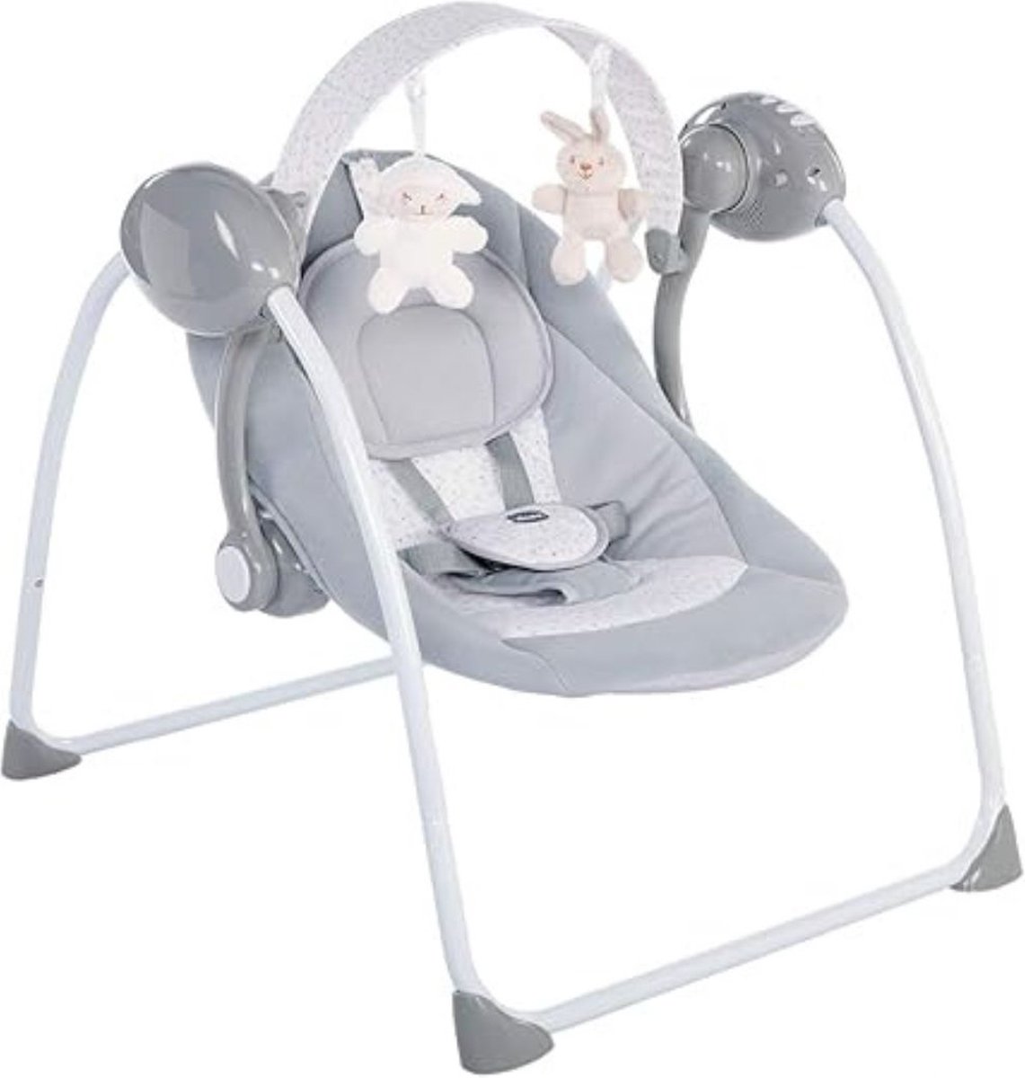 DD® Elektrische Wipstoel - Elektische Babyschommel - Schommelstoel - 12 Melodietjes en 2 Pluchen Speelgoedjes - 60x70x59cm - Grijs
