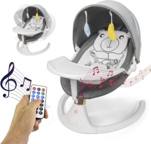 Elovia Elektrische Wipstoel - Muziek en Swing Opties - 5 Punts Gordel - Grijs- Babyschommel- Schommelstoel - Beren kussen- Baby Swing Incl Eetbord