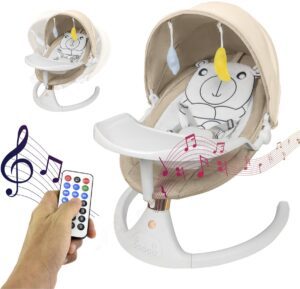 Elovia Elektrische Wipstoel - Muziek en Swing Opties - 5 Punts Gordel - Khaki- Babyschommel- Schommelstoel - Beren kussen- Baby Swing Incl Eetbord